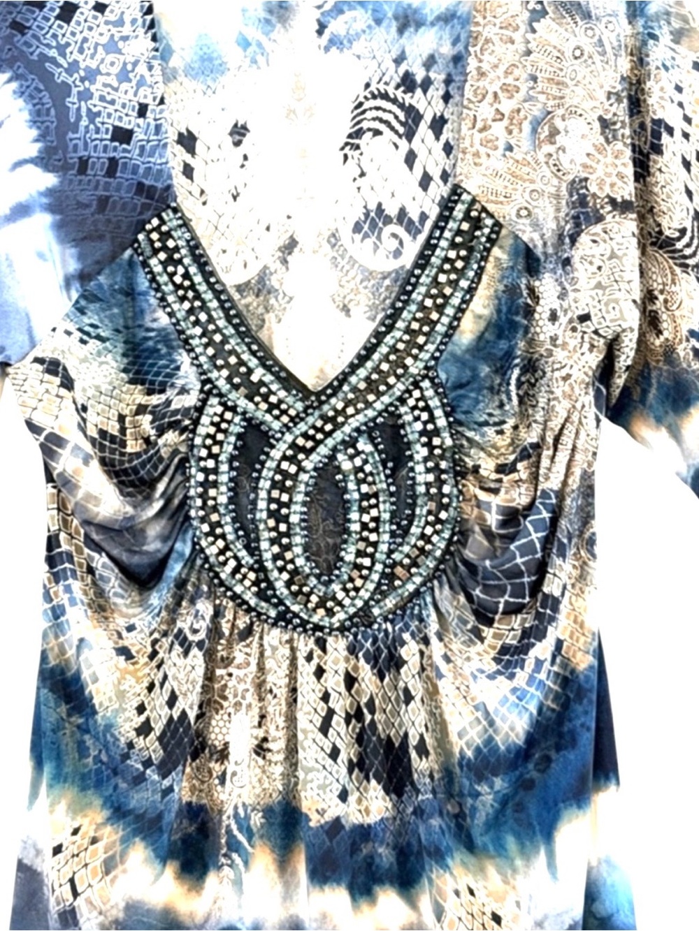 VENUS Embellished Mixed Print Blue and Cream Beaded V-Neck Blouse Size L - Picture 6 of 12